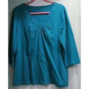 Bobbie Brooks Women's Large 3/4 Sleeve V-Neck Teal Blue Rhinestone Detail EUC